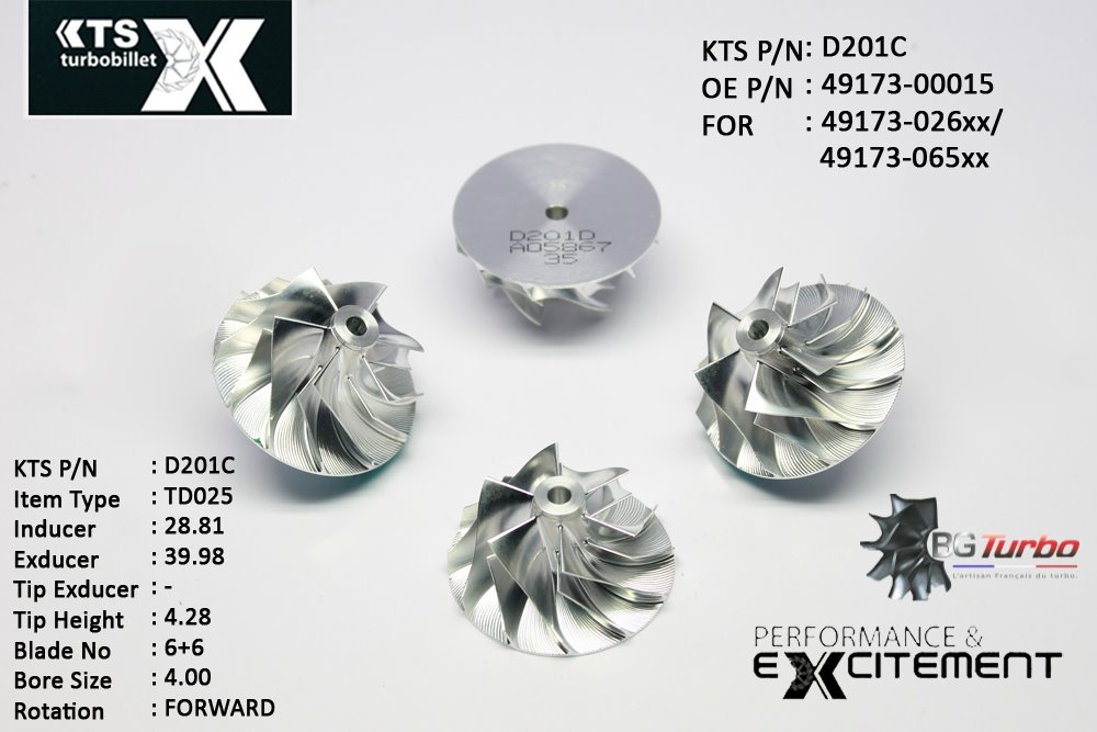 Turbo ROUE FORGÉE MFS PERFORMANCE - 6+6 PALES - INDUCER : 28,81 - EXDUCER : 39,98 - TYPE : TD025ANGLE : 60° - ROTATION : Forward - SUPER BACK : 0 - BORE SIZE : 4
